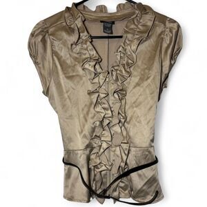 Women's Dots Small Beige Ruffle Zipper Belted Blouse Y2K